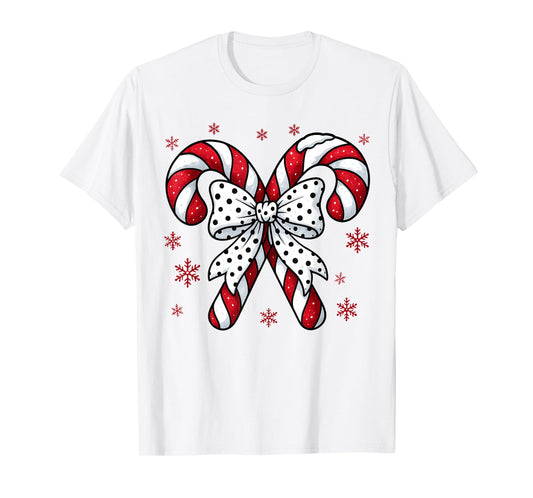 Candy Cane Christmas Season Girls Womens Retro Coquette Bow T-Shirt