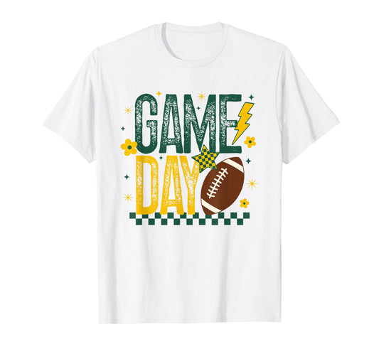 Game Day Football Season Retro Green Gold Checker Touchdown T-Shirt