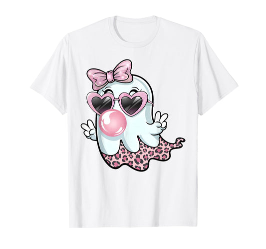 Cute Girly Leopard Ghost Blowing Bubble Gum Halloween Kids T-Shirt