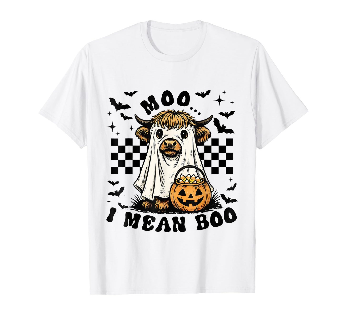 Moo I Mean Boo Funny Highland Cow Ghost Halloween T-Shirt