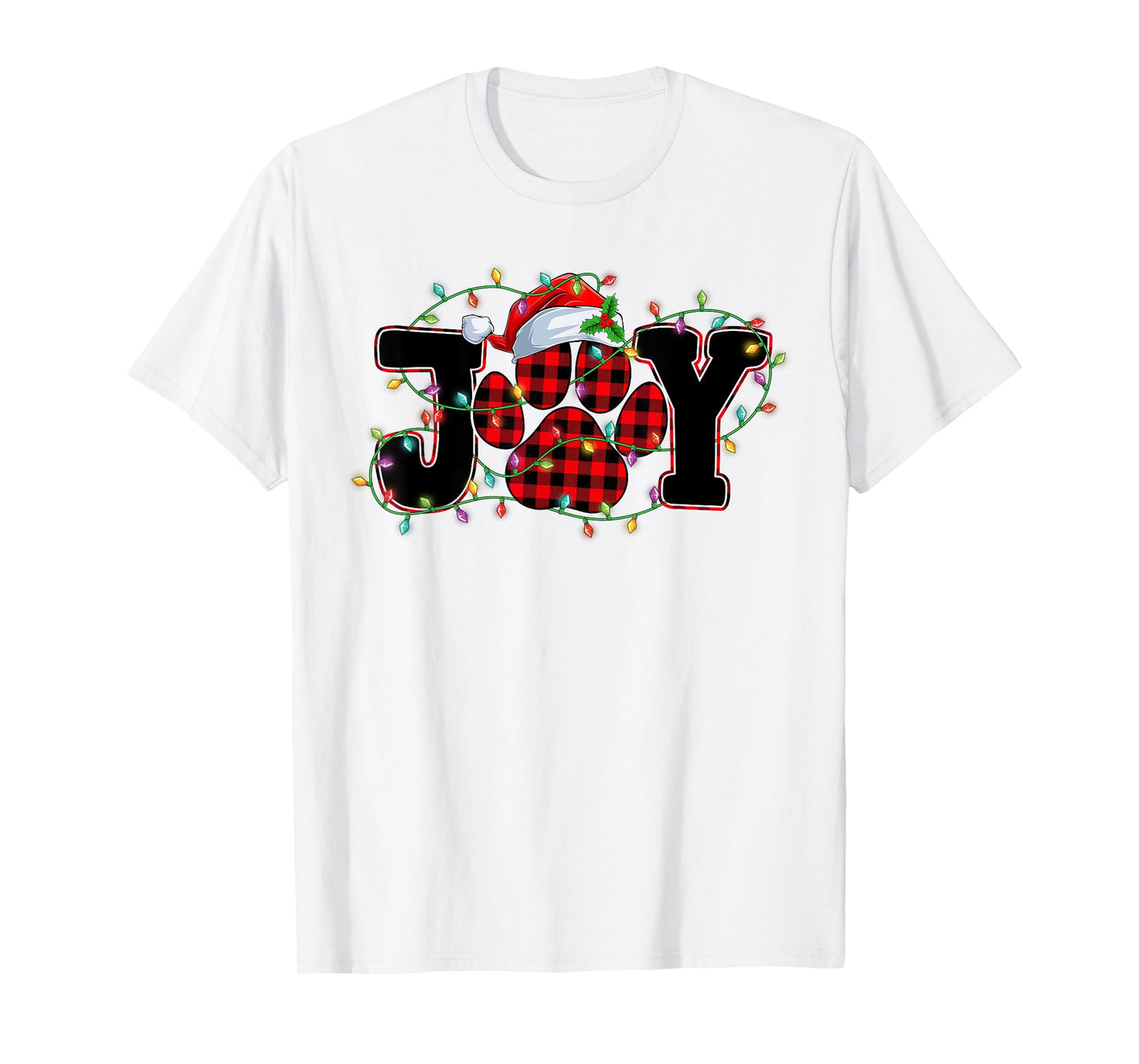 Funny Joy Dog Cat Paws Print Red Plaid Santa Hat Christmas Men Women Kids T-Shirt