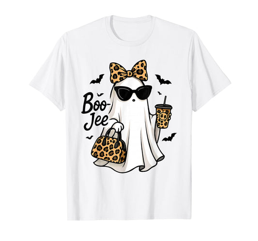 Boo JEE Ghost with Coffee Coquette Bow Halloween Women Girl T-Shirt