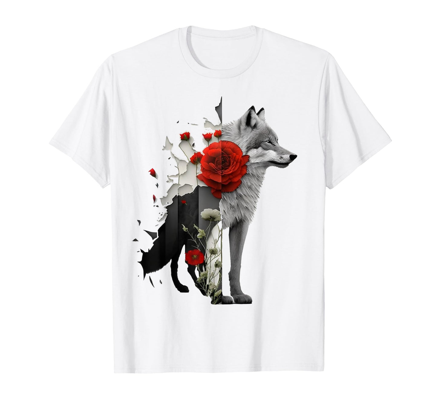 Wolf Rose Flower Animal Motif Art Animal Print Art T-Shirt