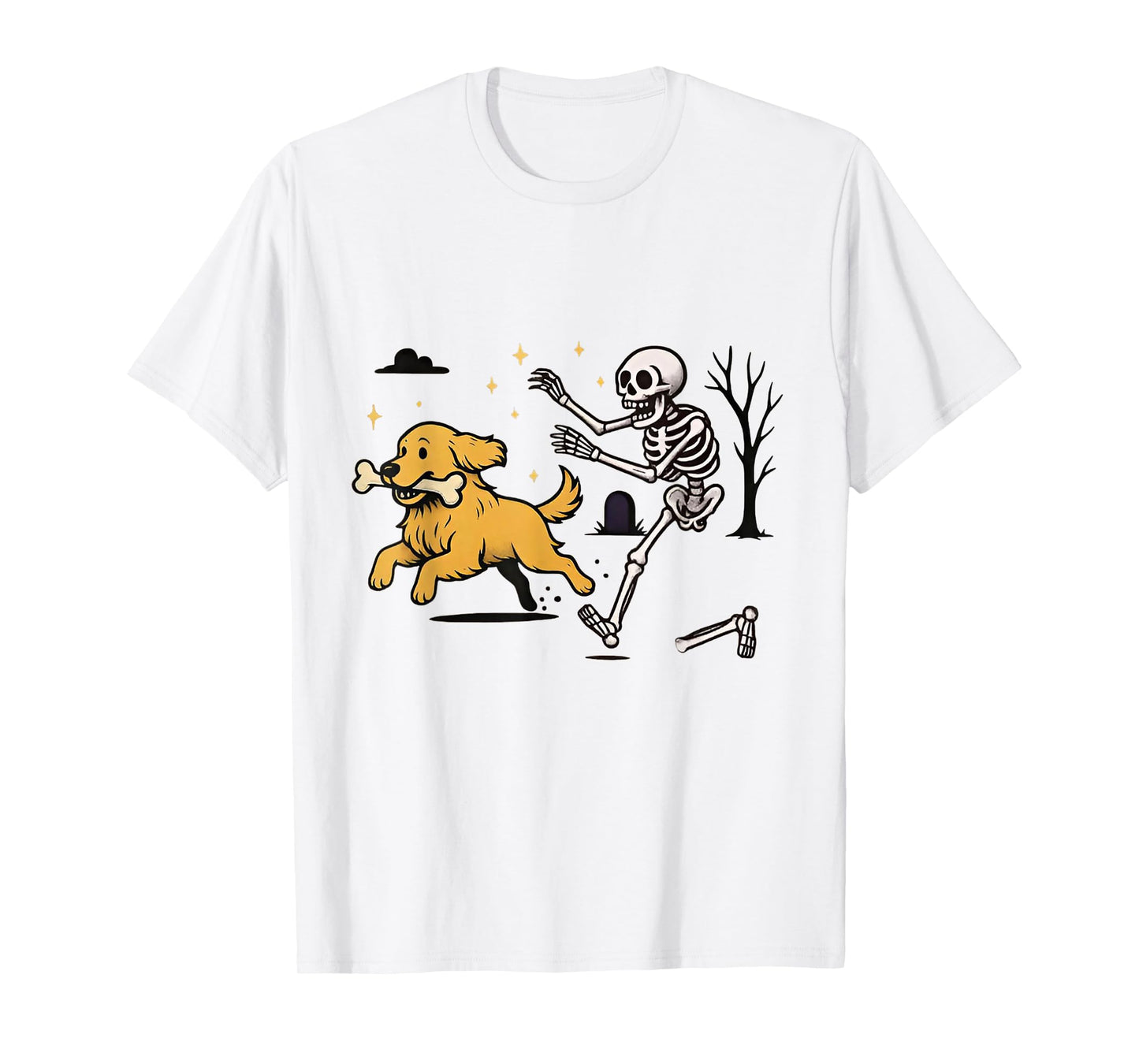 Skeleton Chasing Golden Retriever Funny Skeleton Halloween T-Shirt