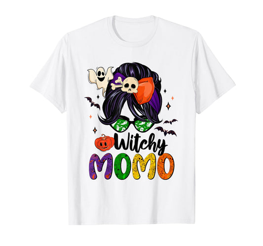 Witchy Momo Messy Bun Skull Pumpkin Halloween Spooky Season T-Shirt