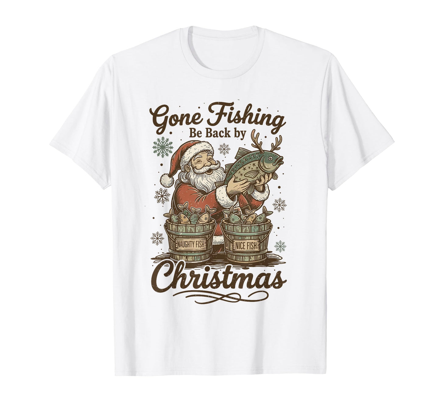 Gone Fishing Be Back by Christmas Santa Fishermen Retro T-Shirt