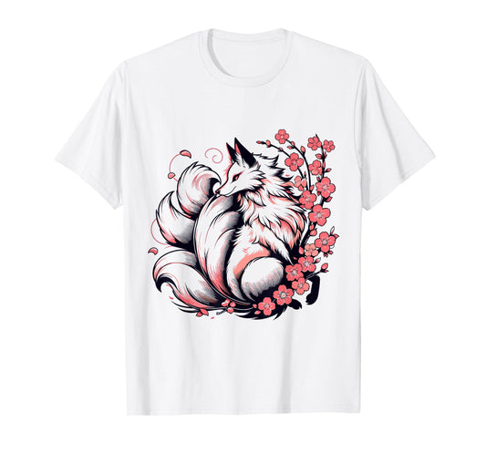 Retro Japanese Kitsune Nine Tailed Fox Cherry Blossom Anime T-Shirt