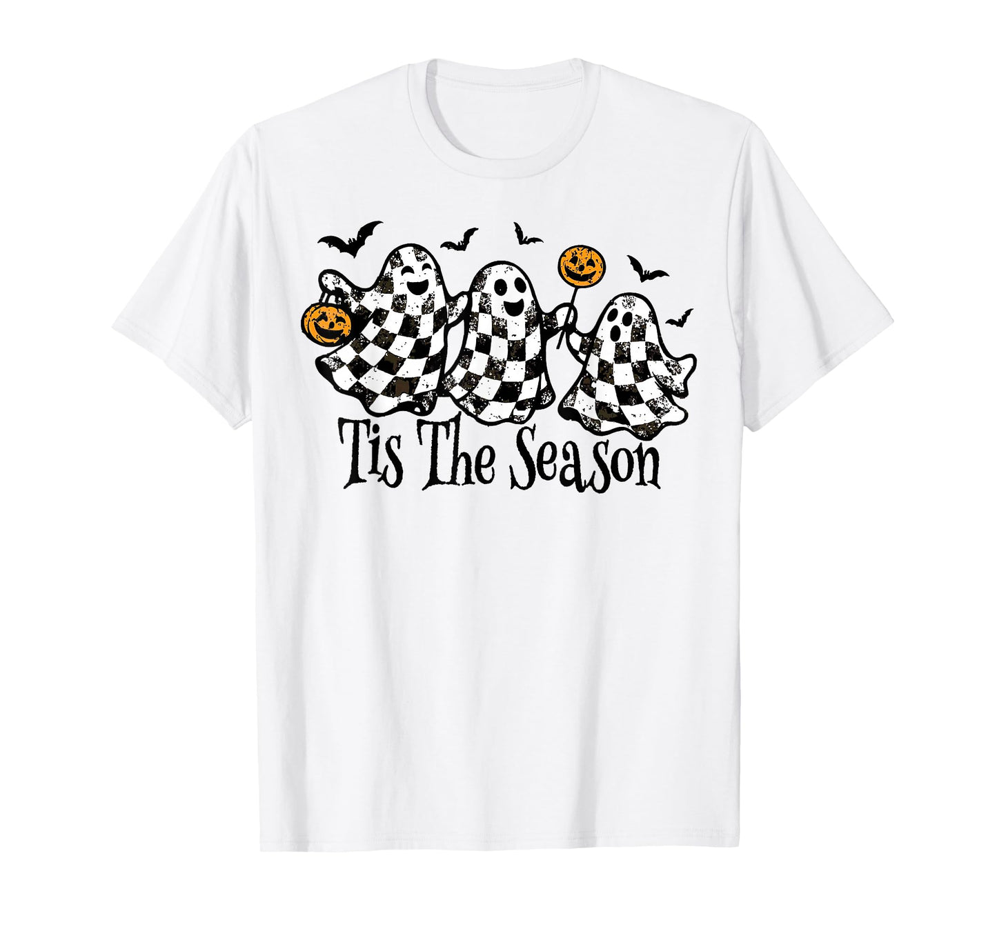 Retro Ghosts Tis The Season Checkered Halloween Cute T-Shirt