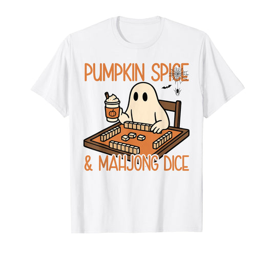Halloween Ghost Playing Mahjong Pumpkin Spice & Mahjong Dice T-Shirt