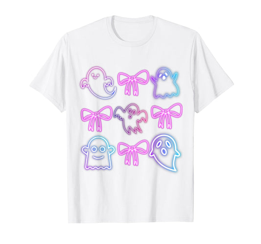Cute Boo Ghost Spooky Season Glow In Halloween Night Bow T-Shirt