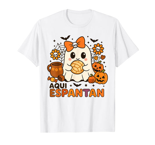Aqui Espantan Cute Ghost Pan de Muerto Mexican Halloween T-Shirt