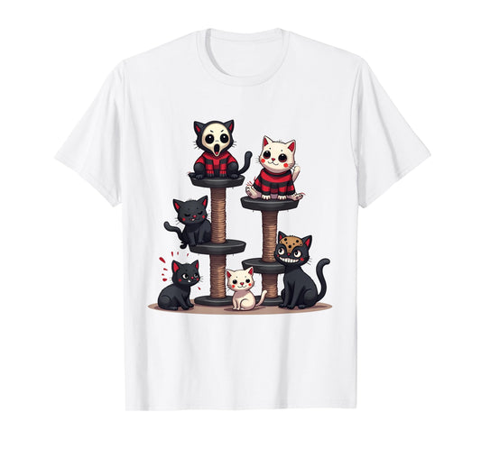 Funny Horror Movie Cats Playing On Cat Tree Men Women T-Shirt