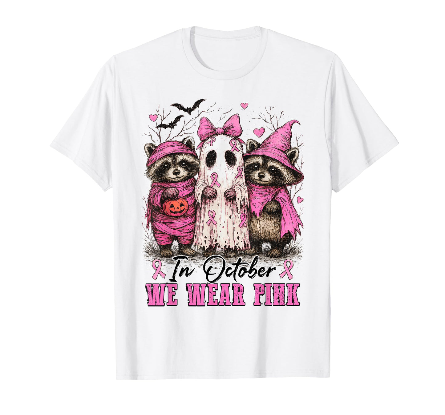 in October We Wear Pink Cute Raccoon Ghost Breast Cancer T-Shirt