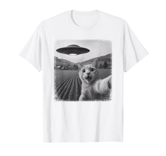 UFO Distressed Orange Tabby Cat Selfie with Invasion Alien T-Shirt