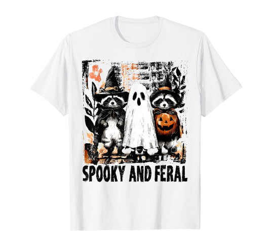 Spooky and Feral Halloween Cute Ghost Raccoon Trick Or Treat T-Shirt