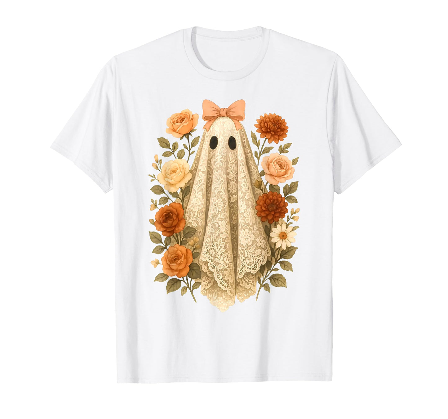 Coquette Ghost Halloween Flower Ghost Spooky Lace Ghost T-Shirt