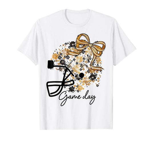 Floral Football Game Day Girly Bow Team Spirit Black & Gold T-Shirt