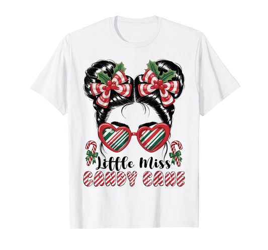 Messy Bun Little Miss Candy Cane Christmas Girls Toddlers T-Shirt