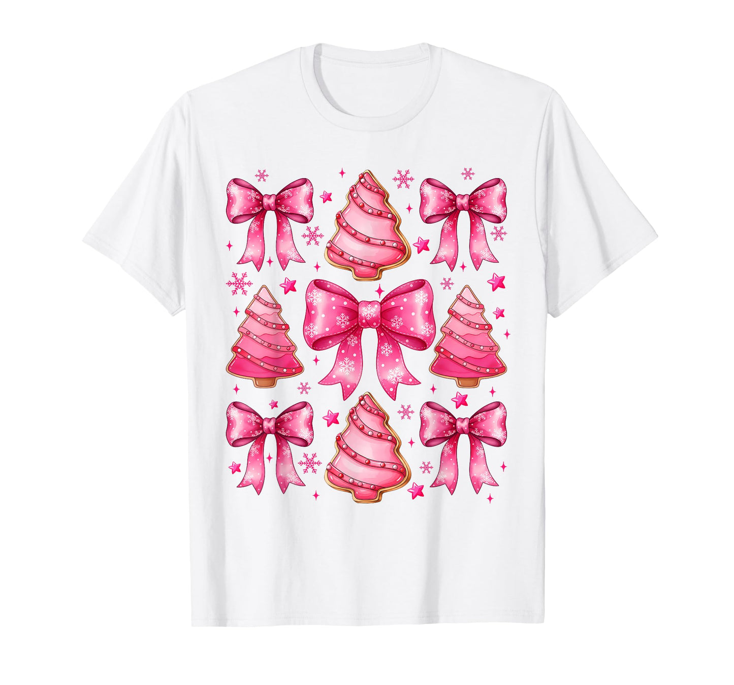 Pink Christmas Tree Shirt Cute Xmas Bow Women Girls T-Shirt