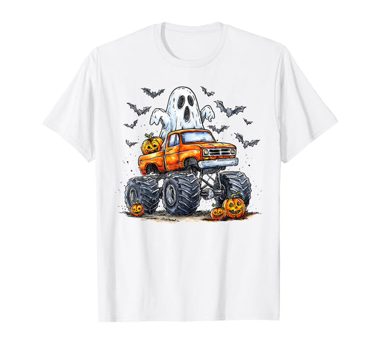 Ghost Pumpkin Riding Monster Truck Lazy Halloween Kids Boys T-Shirt