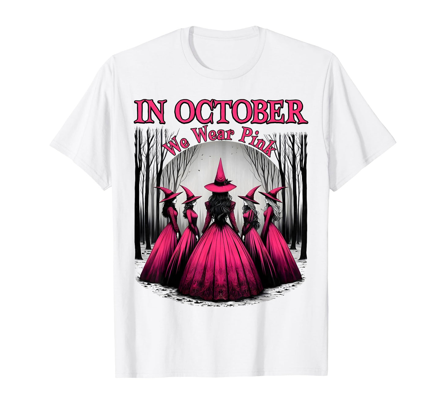 in October We Wear Pink Witch Halloween Breast Cancer Women T-Shirt