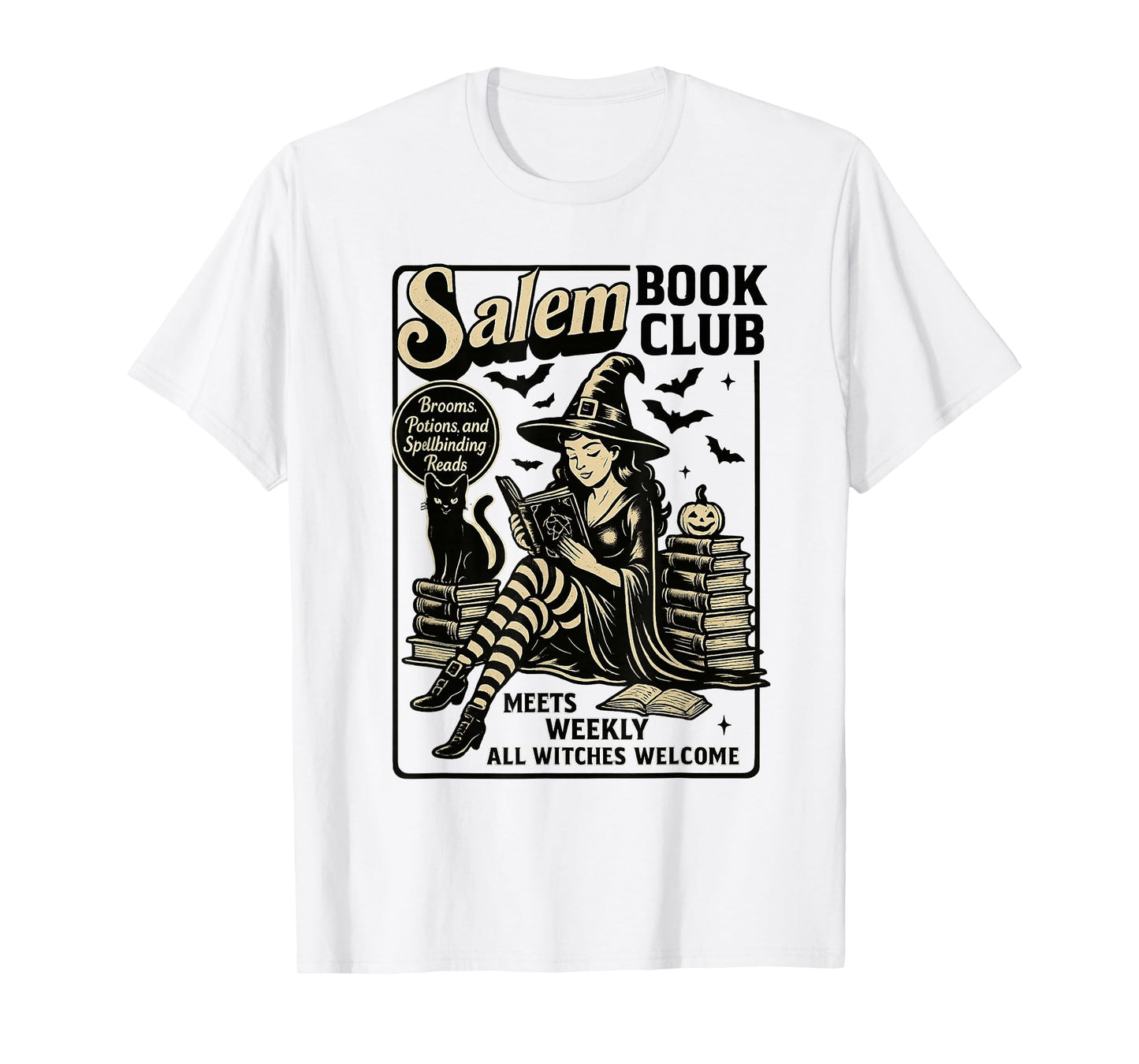 Vintage Salem Book Club Black Cat Bookish Spooky Halloween T-Shirt