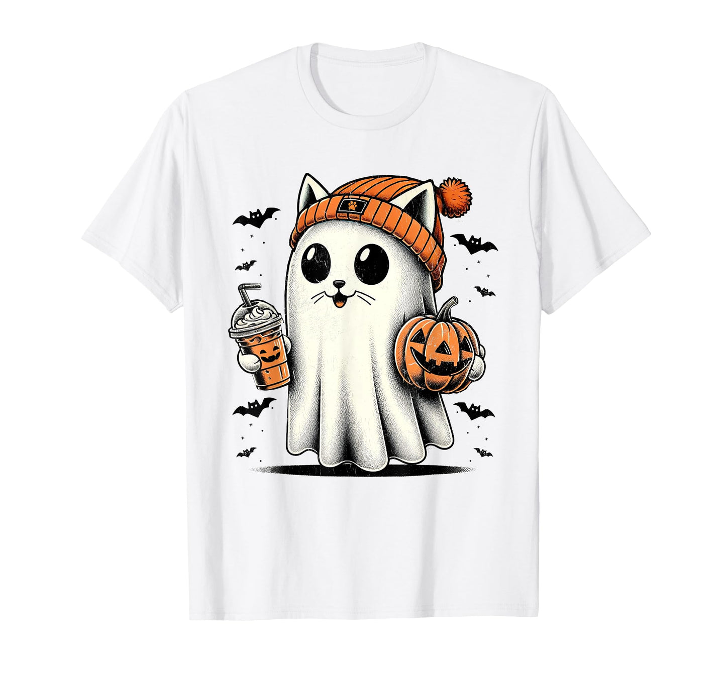Cute Cat Ghost Iced Coffee Funny Ghost Halloween Ice Coffee T-Shirt for Men Women Kids