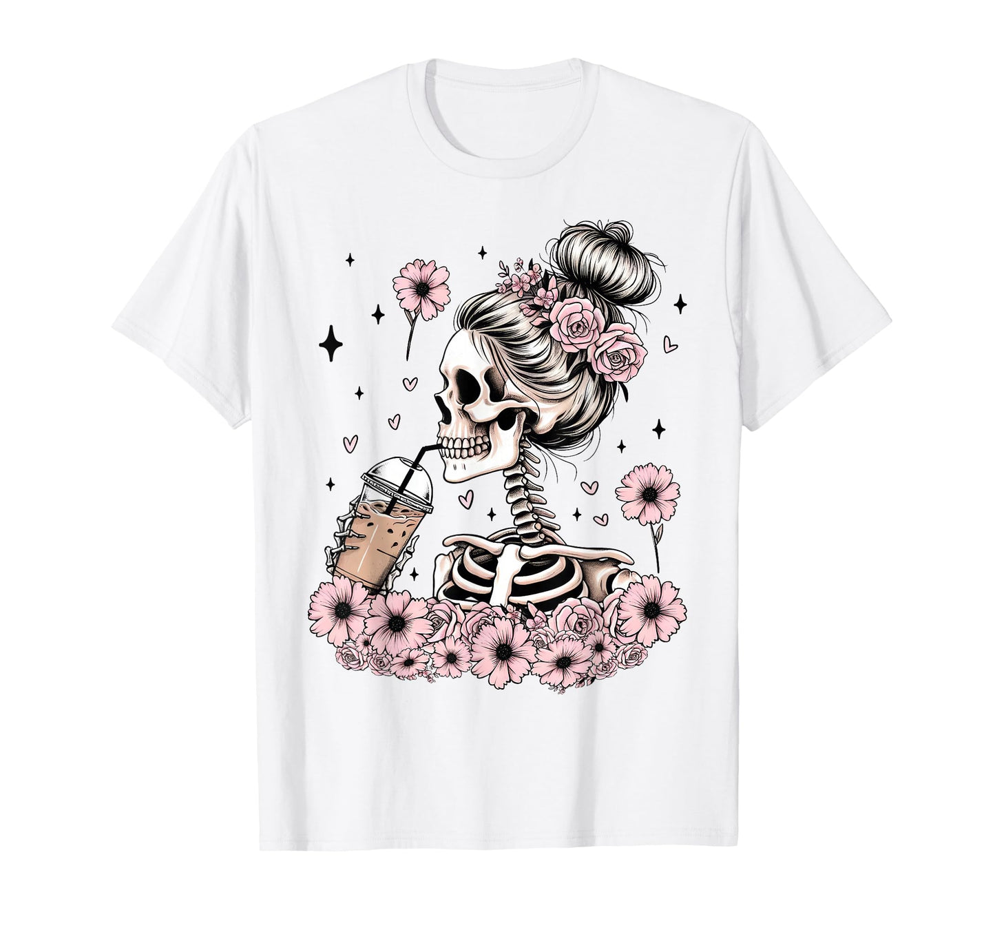 Skeleton Messy Bun Funny Costume Mom Women Halloween T-Shirt