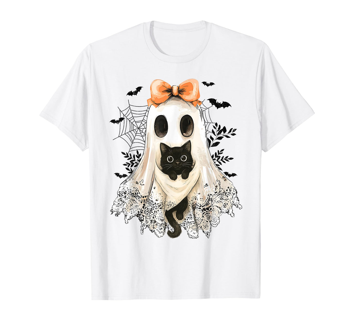 Retro Lace Ghost Coquette Black Cat Spooky Halloween Women T-Shirt