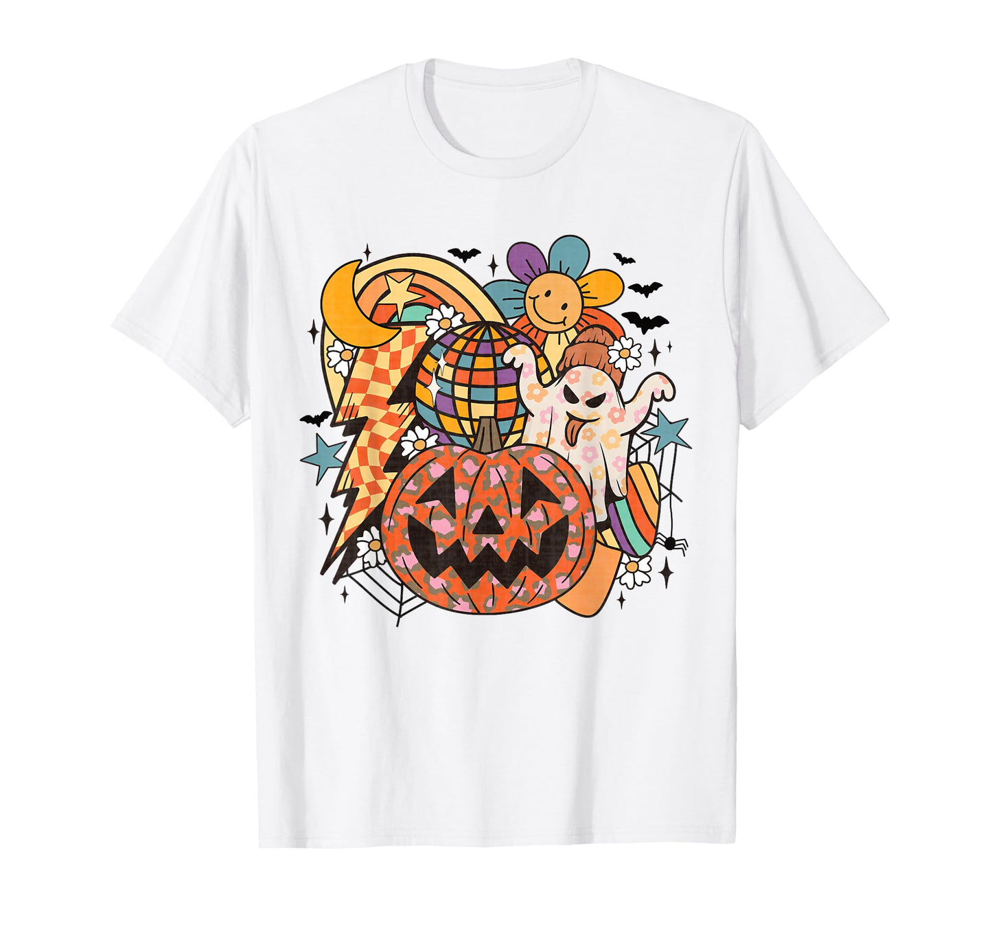 Retro Halloween Ghost Disco Pumpkin Daisy Rainbow Groovy Fun T-Shirt