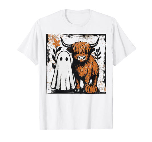 Cute Fall Highland Cow Ghost Spooky Season Funny T-Shirt