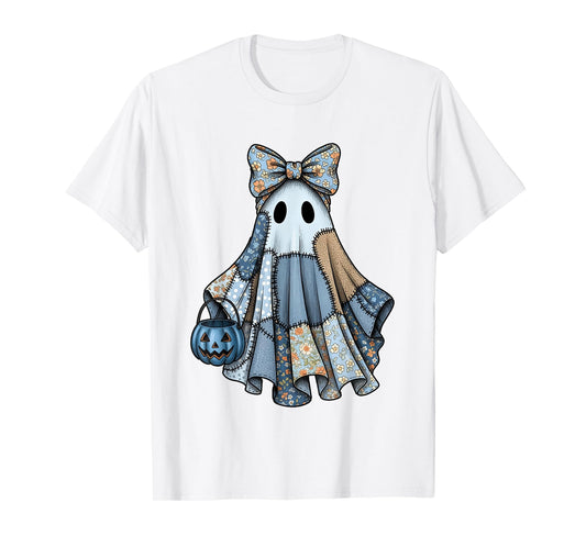 Girly Halloween Blue Denim Ghost Spooky Season Coquette Bow T-Shirt