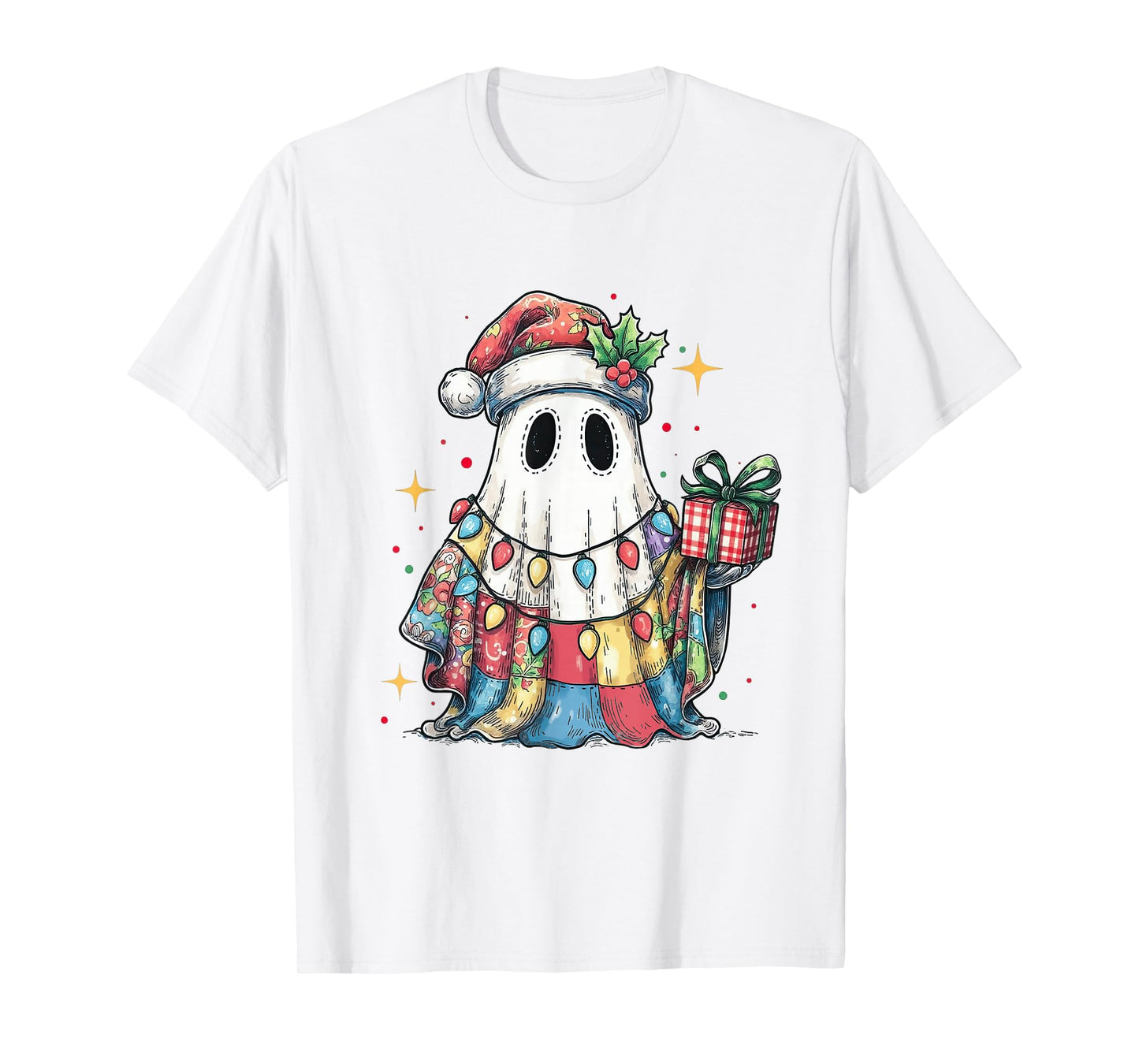 Santa Ghost Spooky Christmas Light Patchwork Matching Family T-Shirt
