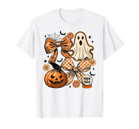 Halloween Pumpkin Coquette Bow Ghost Spooky Trick Or Treat T-Shirt