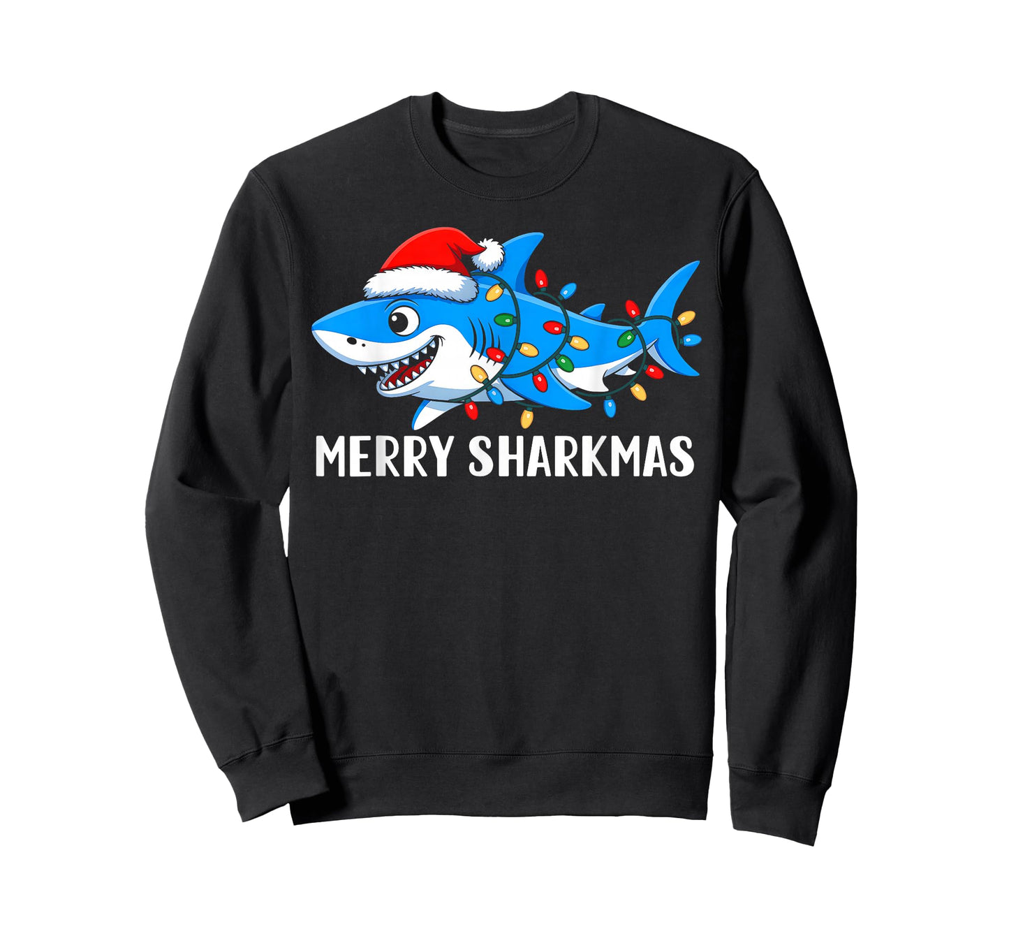 Merry Sharkmas Shark Christmas Lights Santa Hat Xmas Pajamas T-Shirt