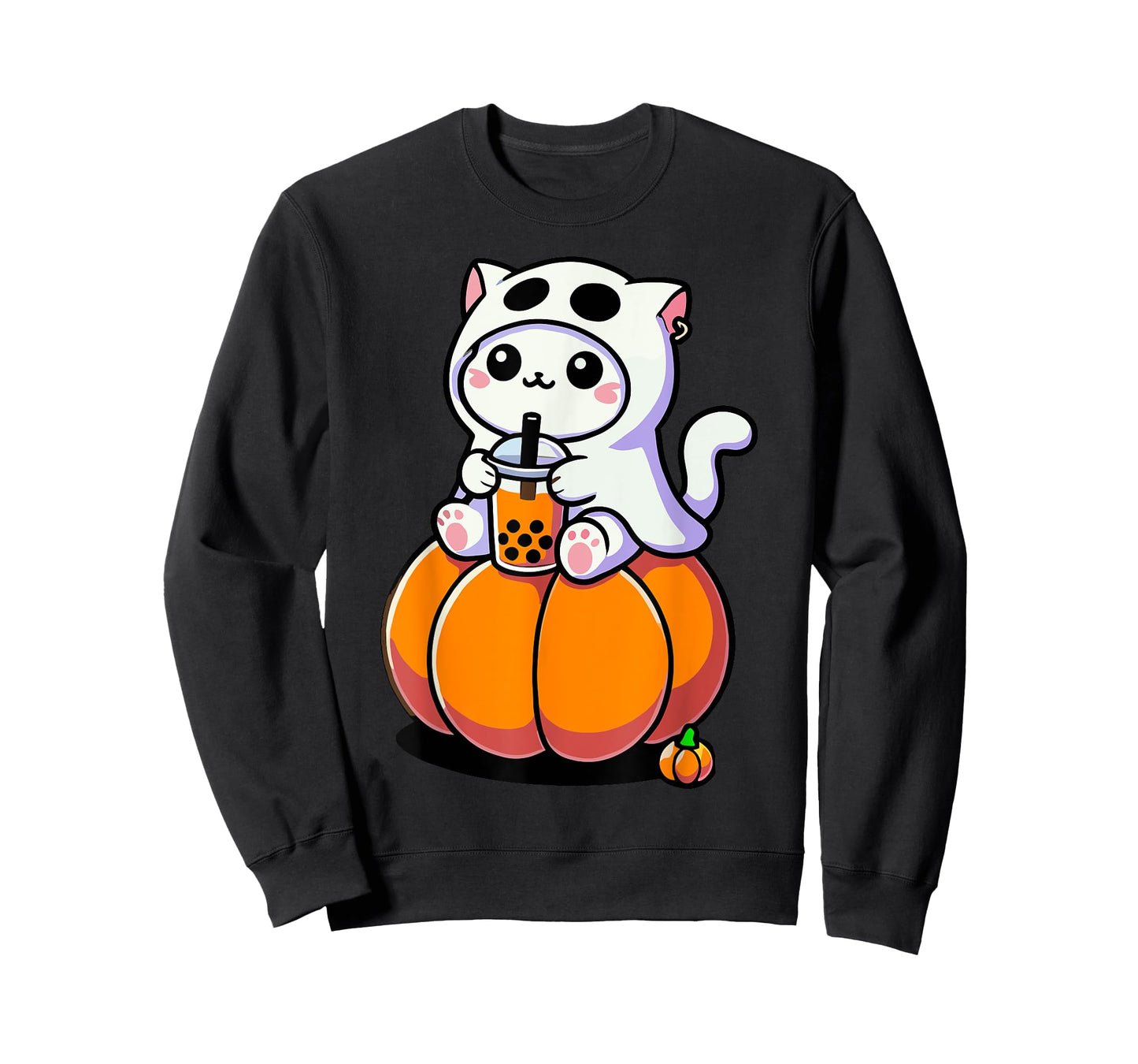 Cute Halloween Cat in Ghost Costume Drinking Boba Tea Tees Men Women Kids T-Shirt
