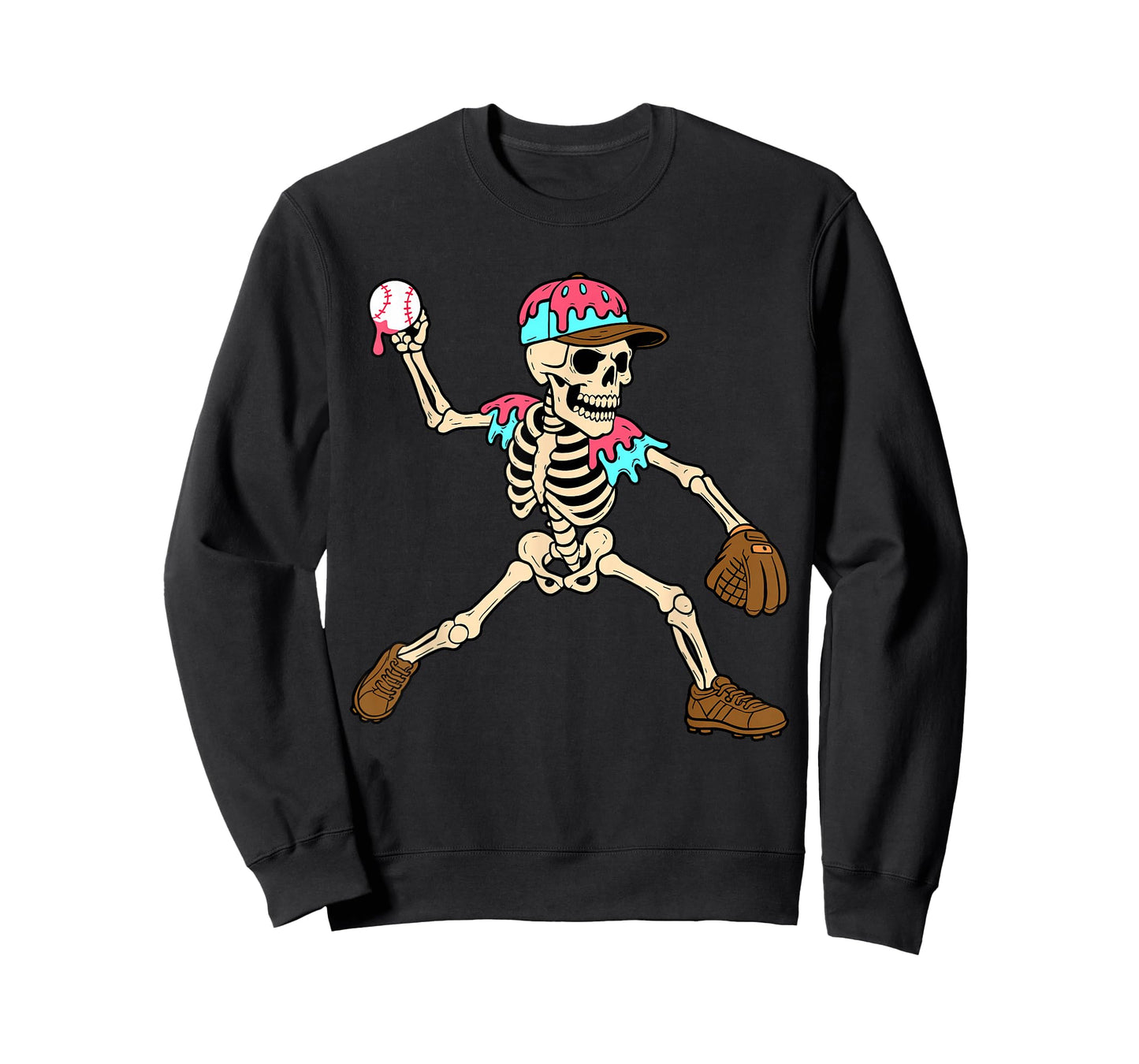 Skeleton Ice Cream Drip Baseball Sport Player Halloween T-Shirt