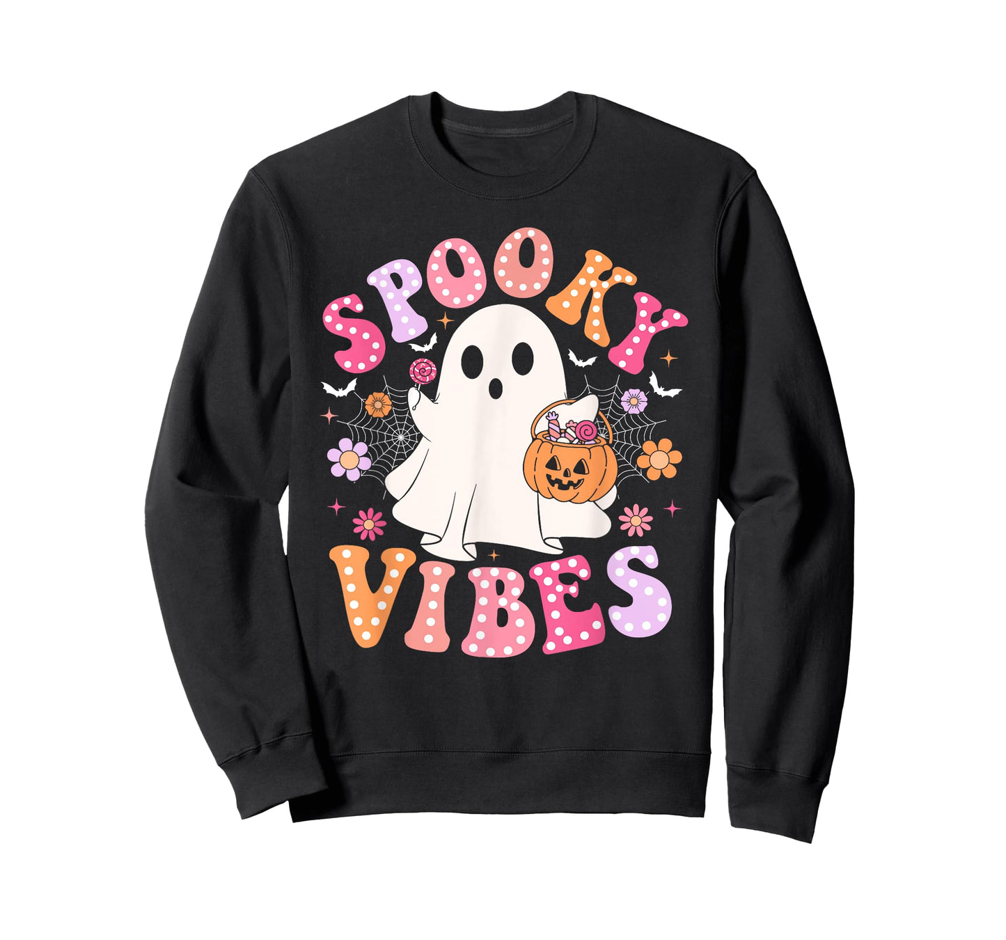 Spooky Vibes Ghost Retro Groovy Halloween Women Girls Kids T-Shirt