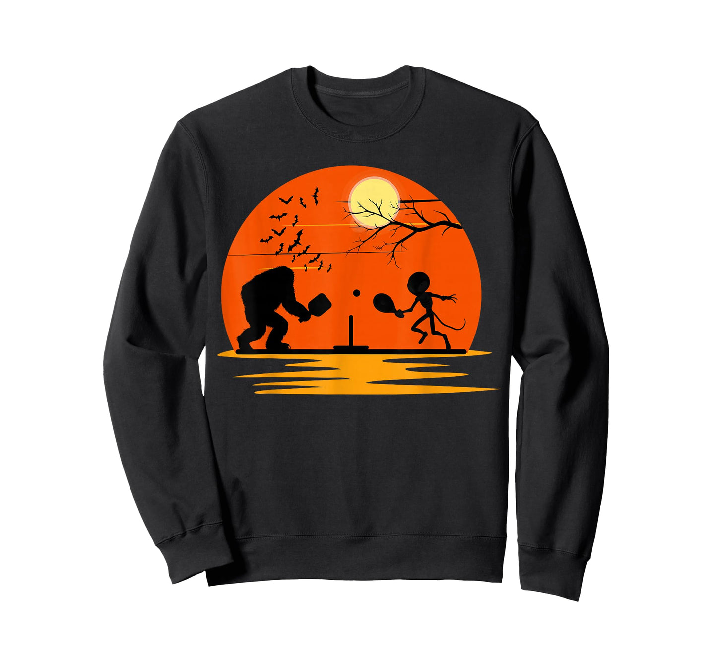 Bigfoot and Alien Playing Pickleball Halloween Sunset T-Shirt
