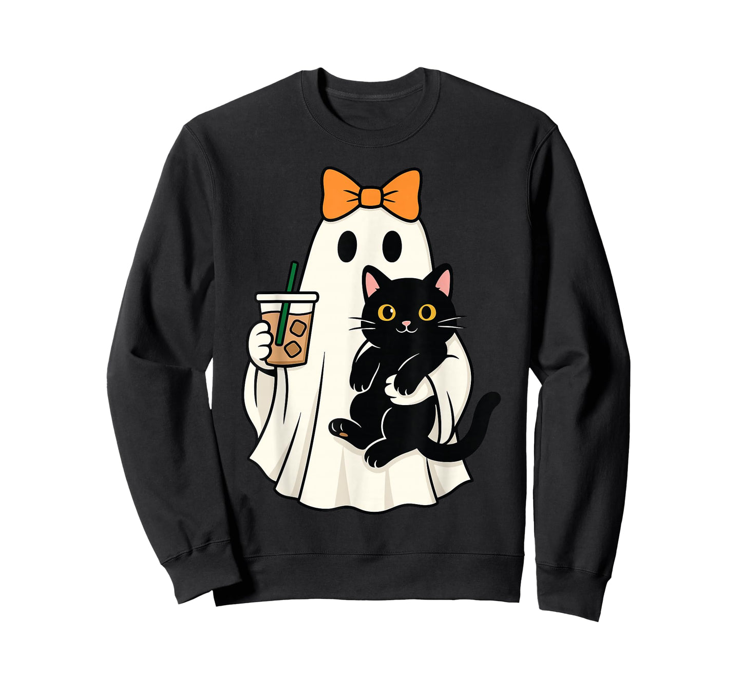 Cute Halloween Cat Ghost Drinking Coffee Ghost Women Girls T-Shirt