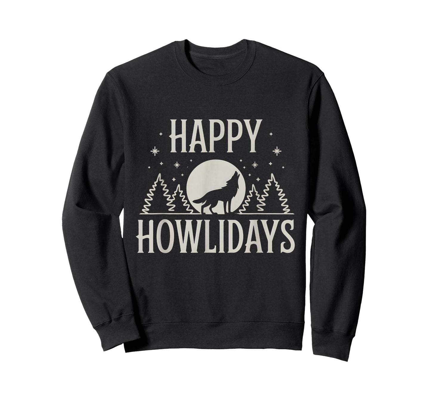 Retro Wolf Apparel Gifts Unisex Winter T-Shirt - Happy Howlidays Wolf - Funny Pun Christmas Lover - Black - Small - Short Sleeve