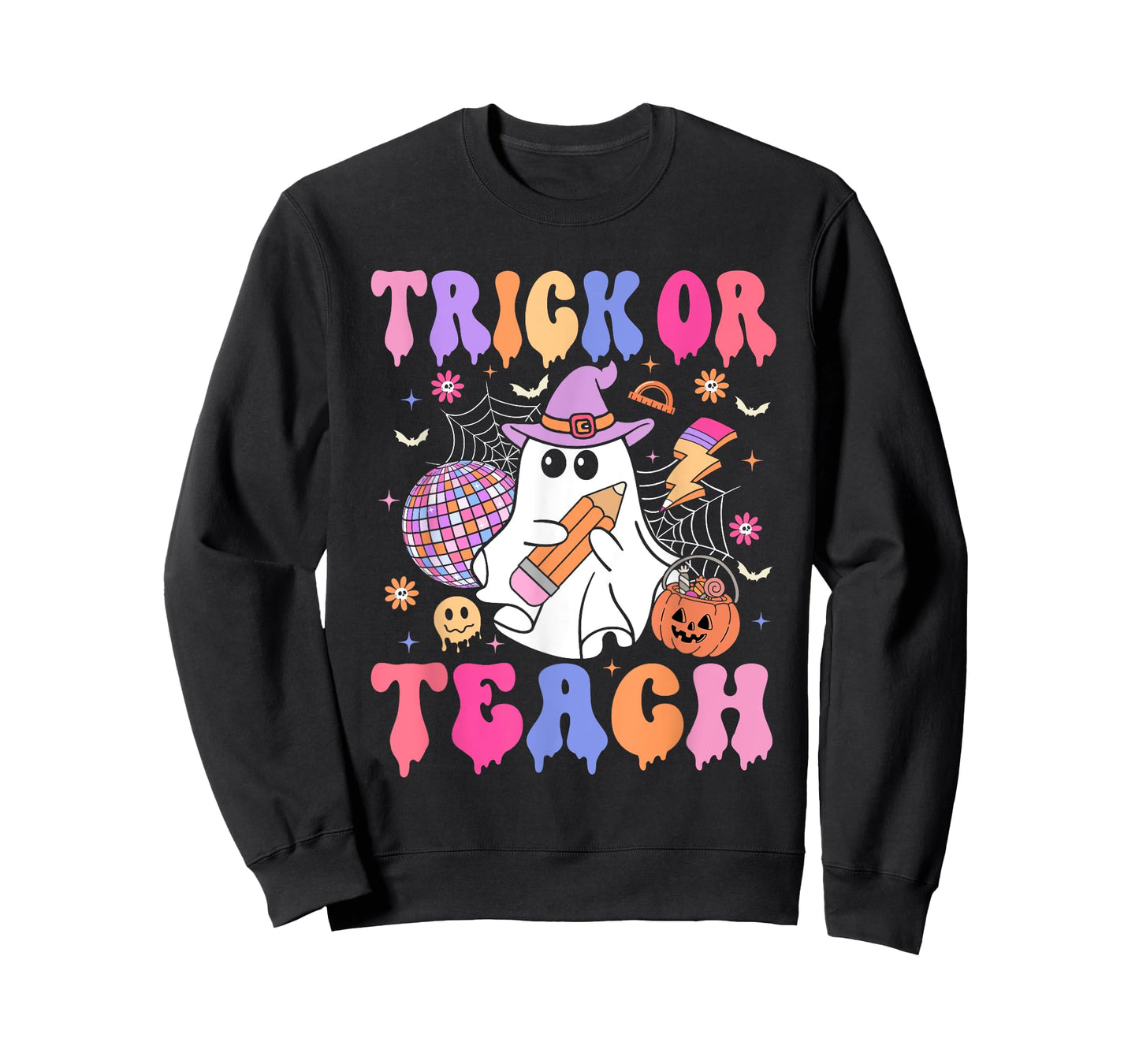 Trick Or Teach Groovy Halloween Floral Ghost Teacher T-Shirt