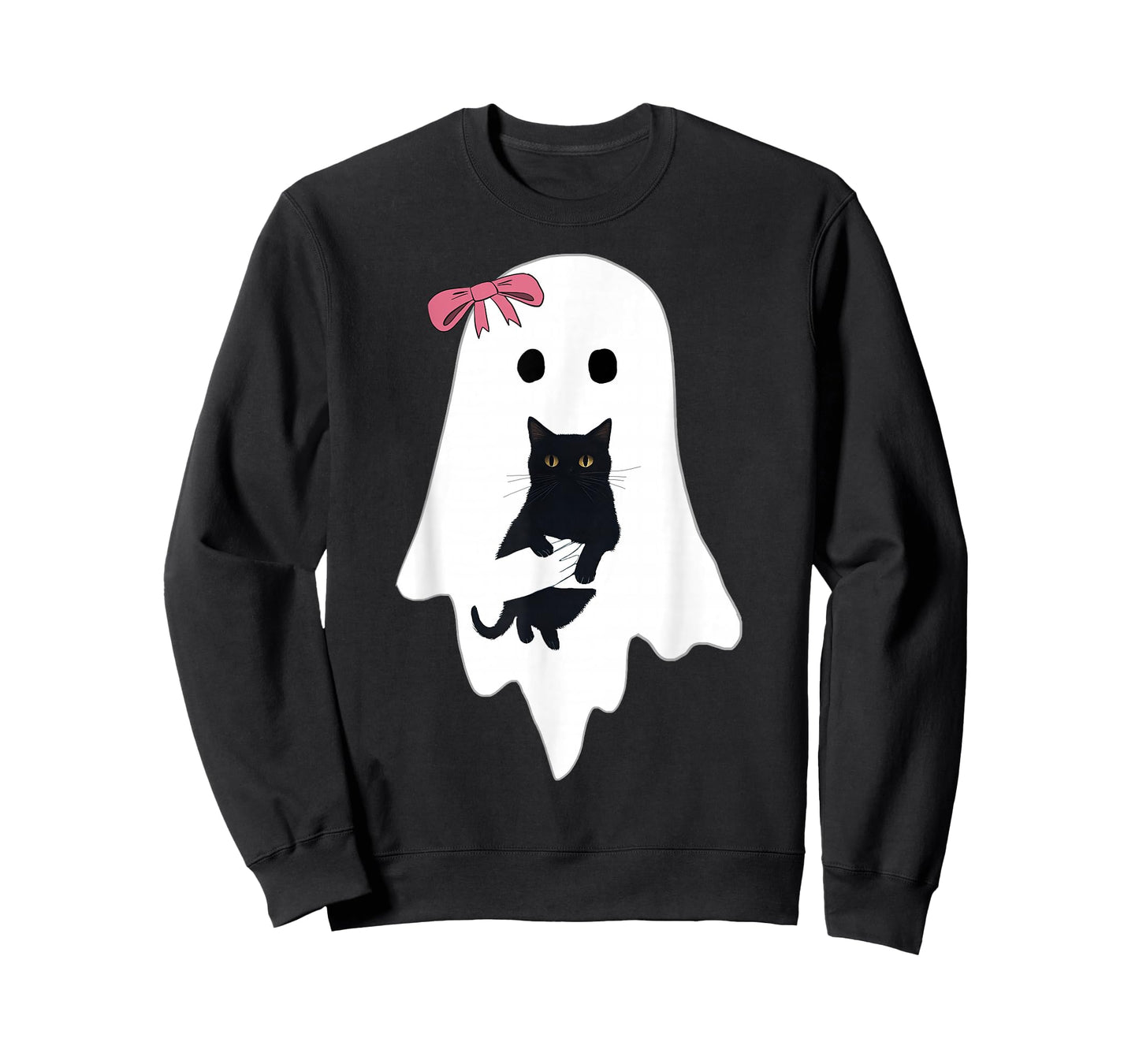 Cute Ghost Black Cat Pink Bow Funny Vintage Spooky Halloween T-Shirt