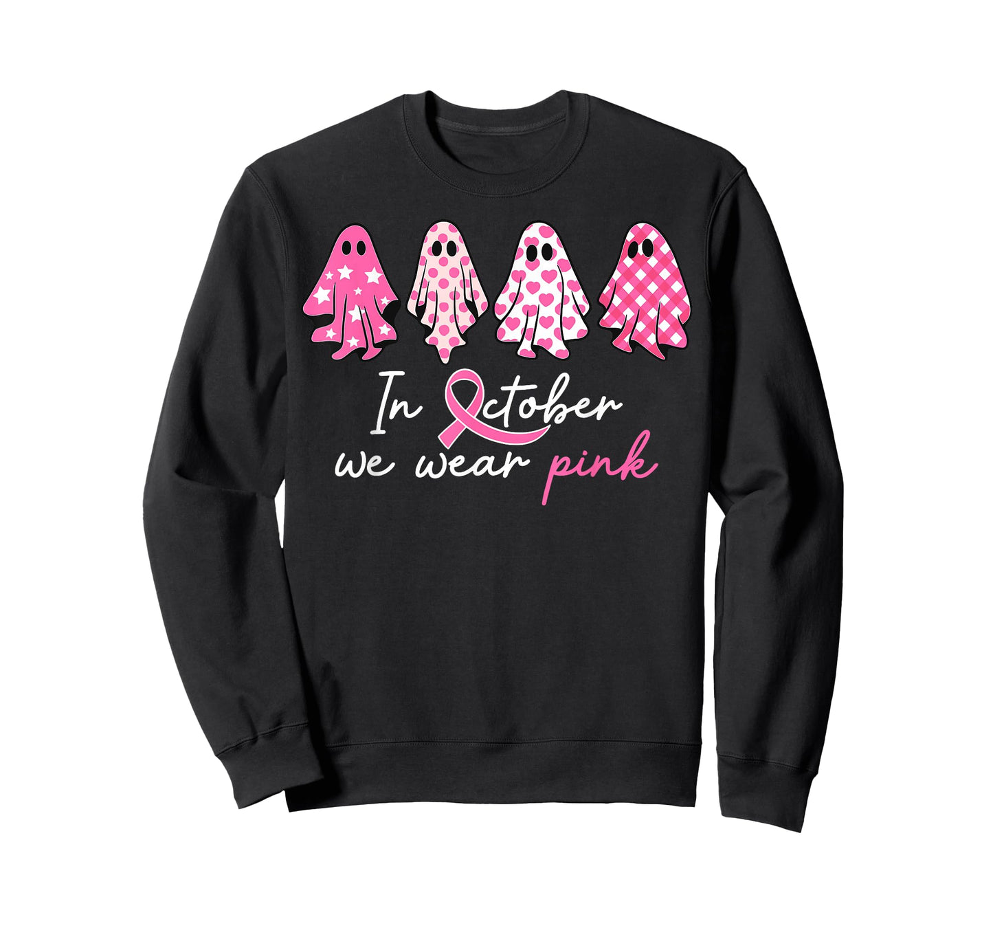 in October We Wear Pink Ghost Witch Breast Cancer Awareness T-Shirt