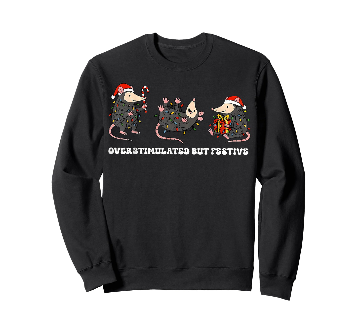 Funny Santa Opossums Overstimulated But Festive Xmas Lights T-Shirt