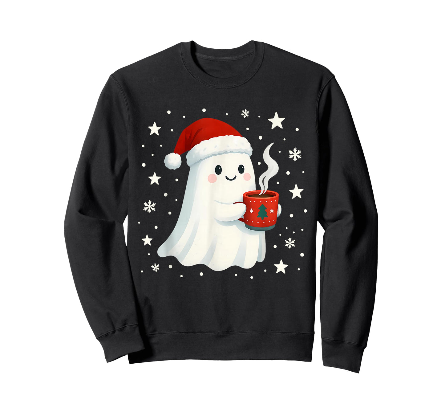 Cute Christmas Ghost with Hot Cocoa Santa Hat Winter Holiday T-Shirt