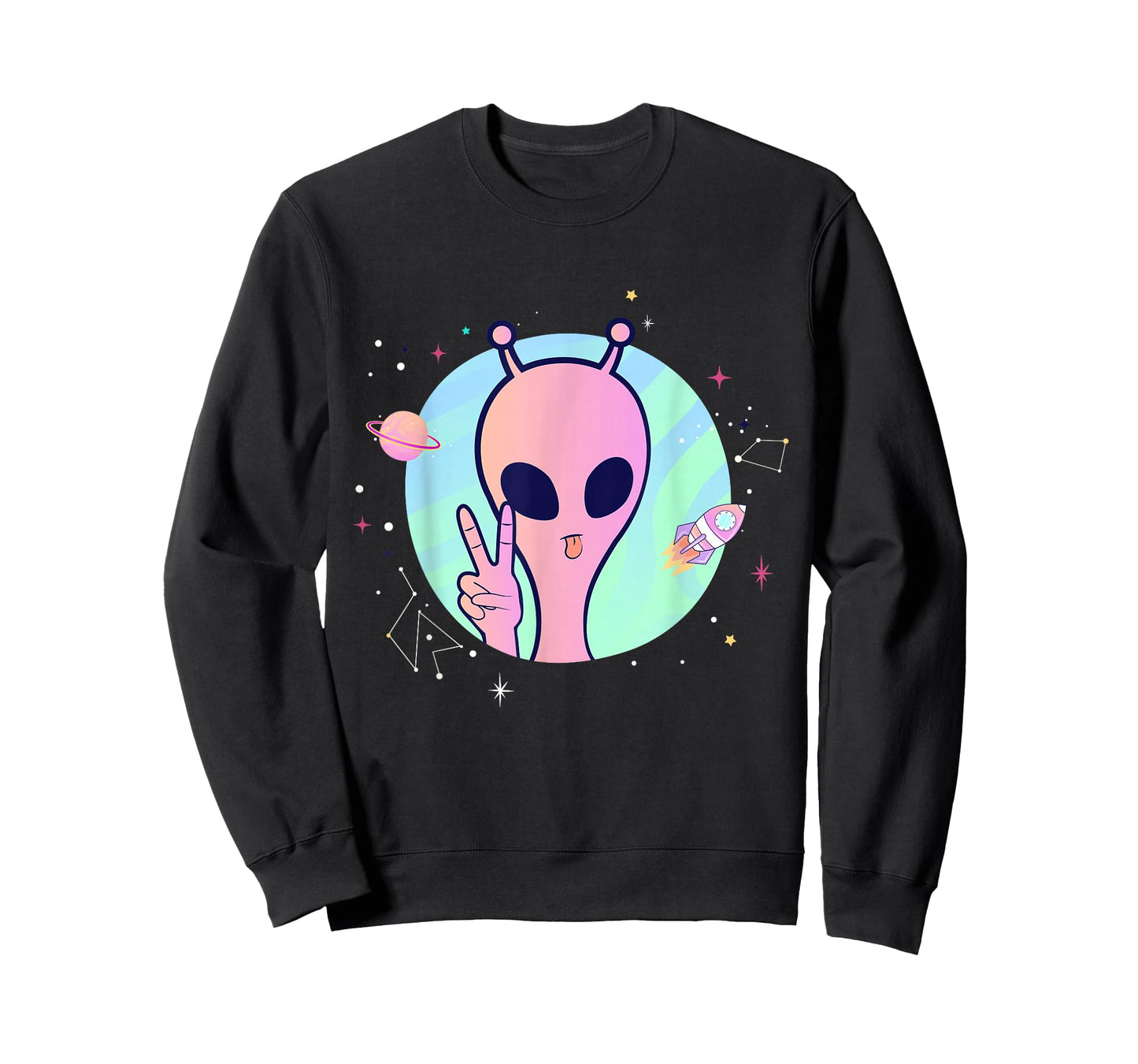 Peace Sign Hand Planet Stars UFO Cool Trippy Pink Alien T-Shirt