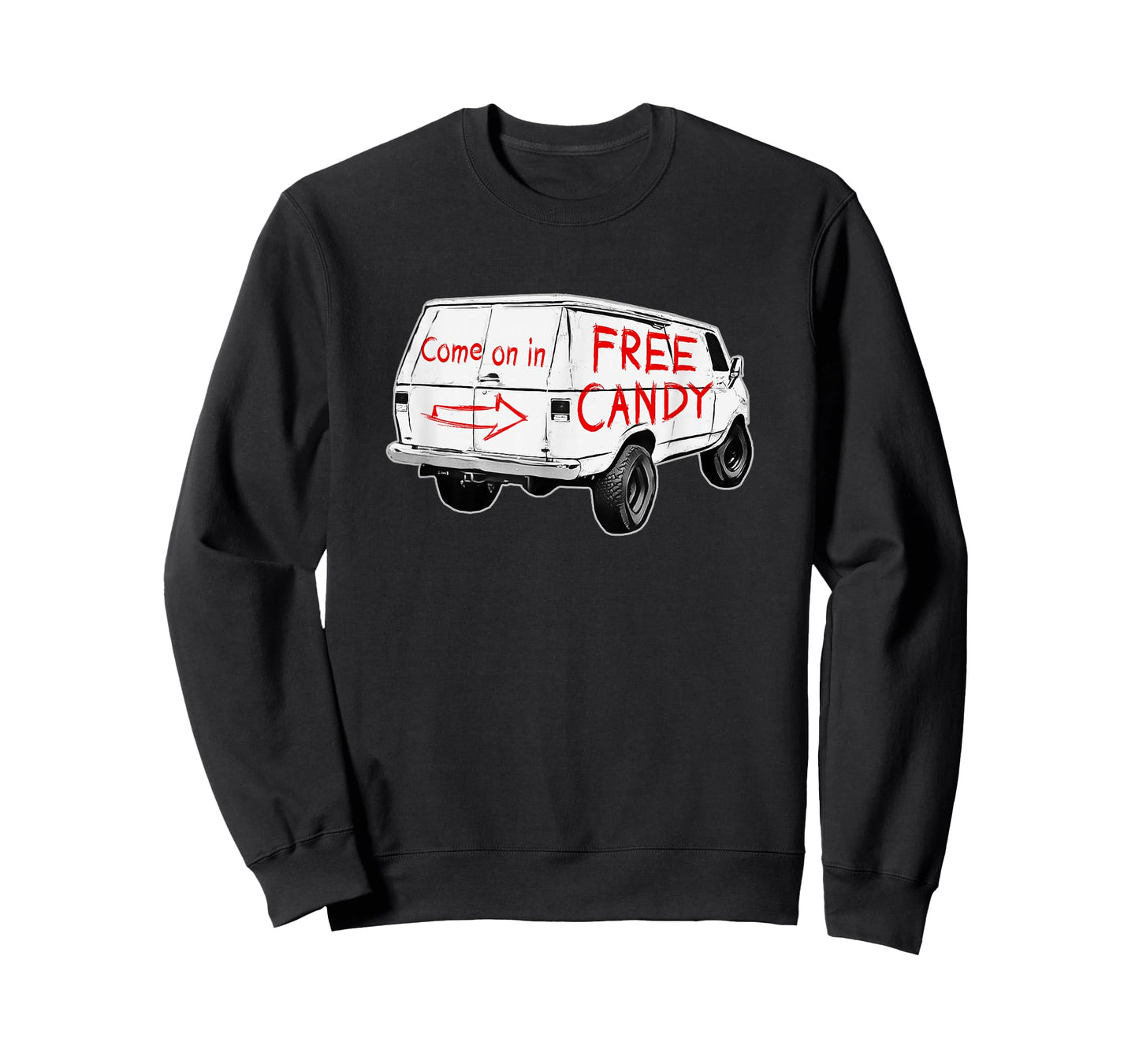 Redds Threads Unisex-Adults T-Shirt - Free Candy - Come On In - Creepy Van - Black - Small - Short Sleeve - Modern - Humorous Design