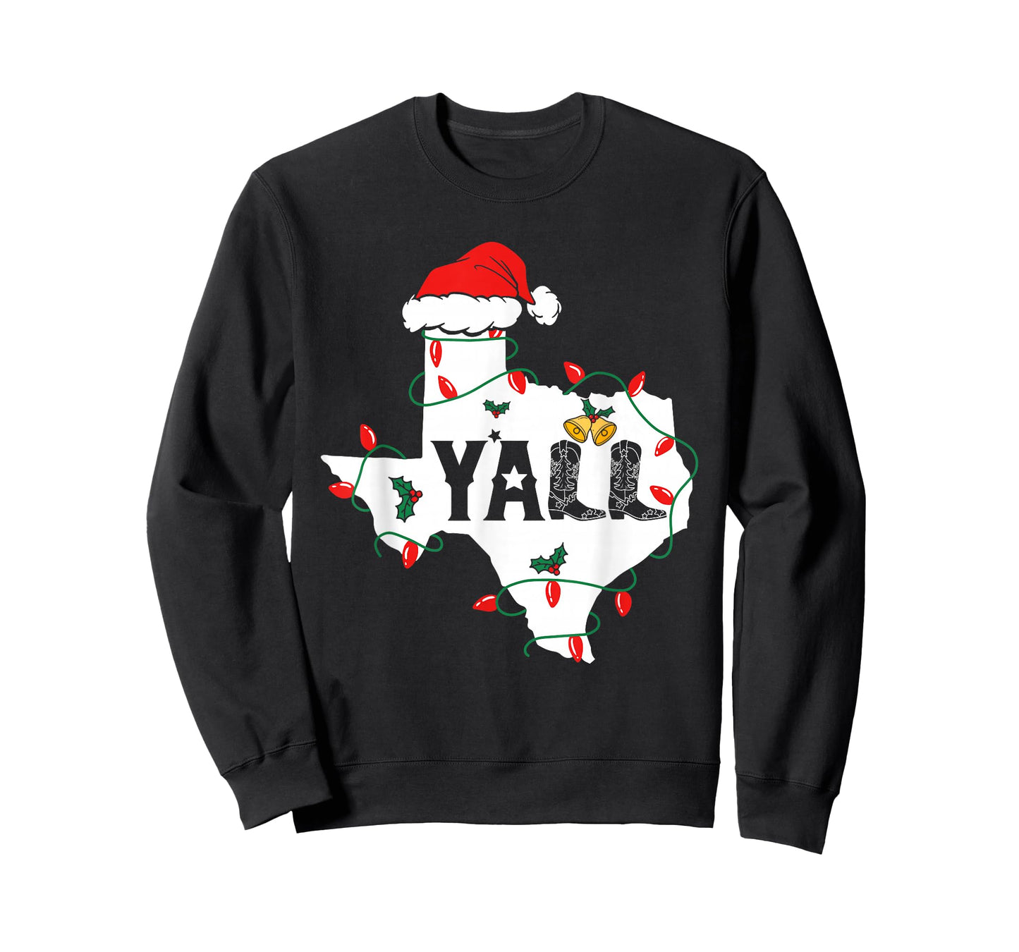 Merry Christmas Y'all Texas Map Santa Hat Lights T-Shirt