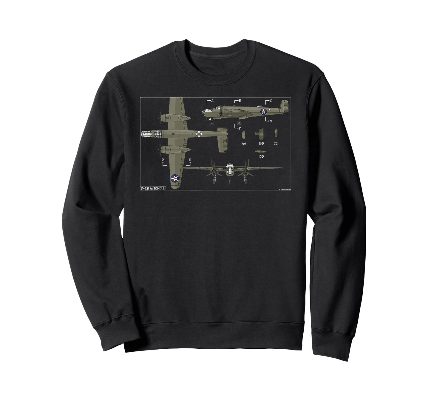 B-25 Mitchell American WW2 Bomber Plane Color Diagram T-Shirt